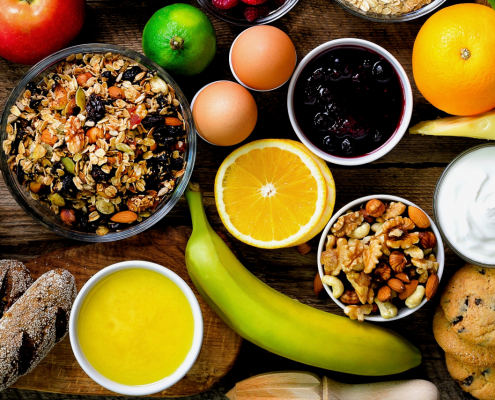 Delicious and healty foods on a wooden table